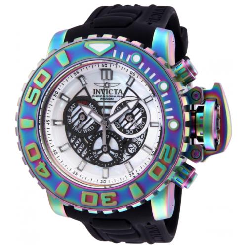 Invicta Sea Hunter Men`s 70mm Mop Dial Rainbow Swiss Chrono Watch 26415 Rare - Multicolor Dial, Black Band, Blue Bezel