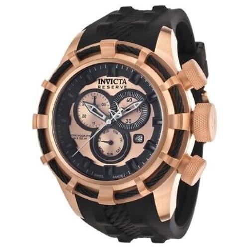 Invicta Swiss Made 15778 Reserve Bolt Chronograph 18K Rose Gold Plated SS Men`s Watch - Rose-Tone Dial, Black Band