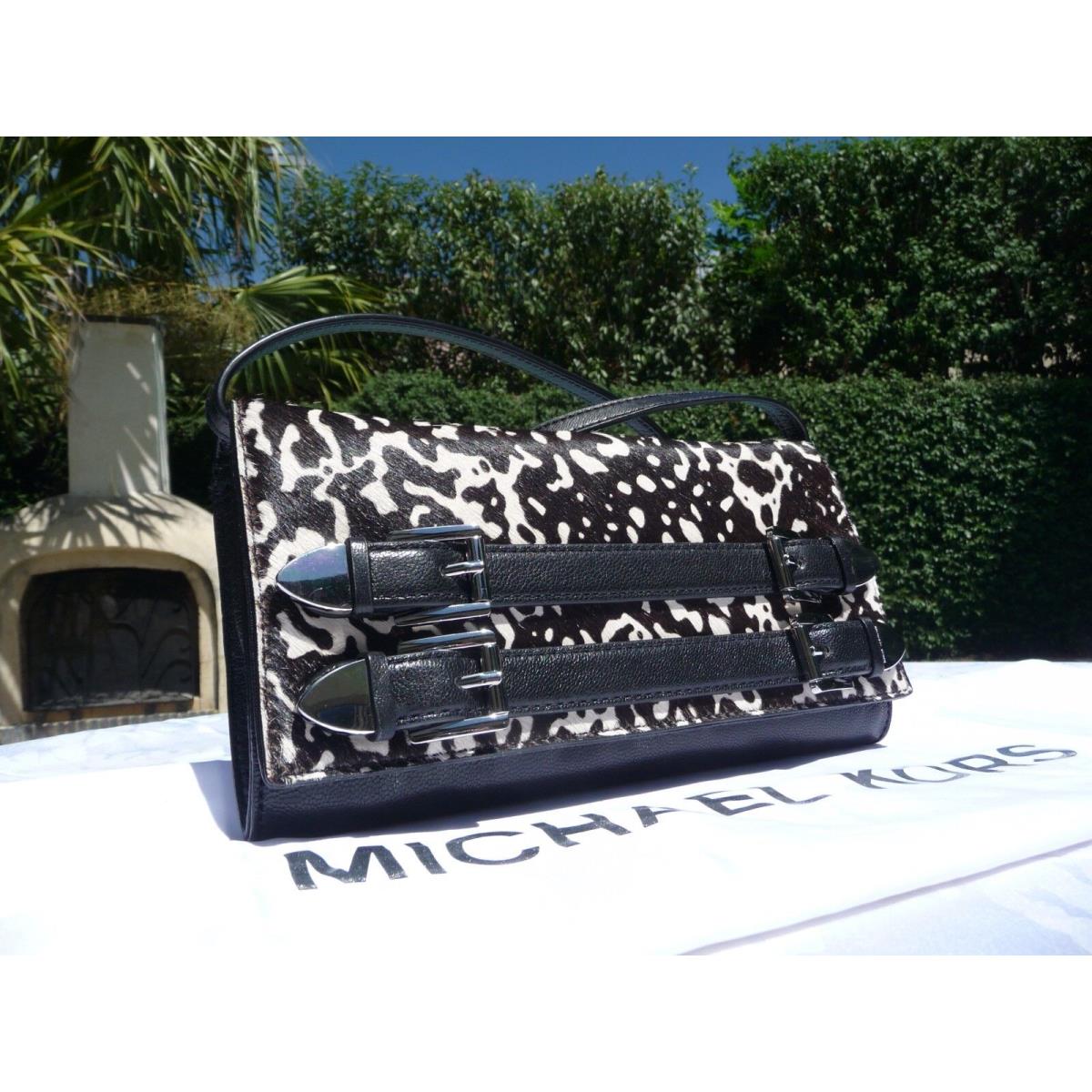 Kors Robin Black White Leather Calf Hair Convertible Clutch