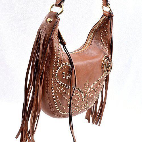 Michael Kors Rhea Luggage Brown Leather Gold Studs Fringes Slouchy Crossbody