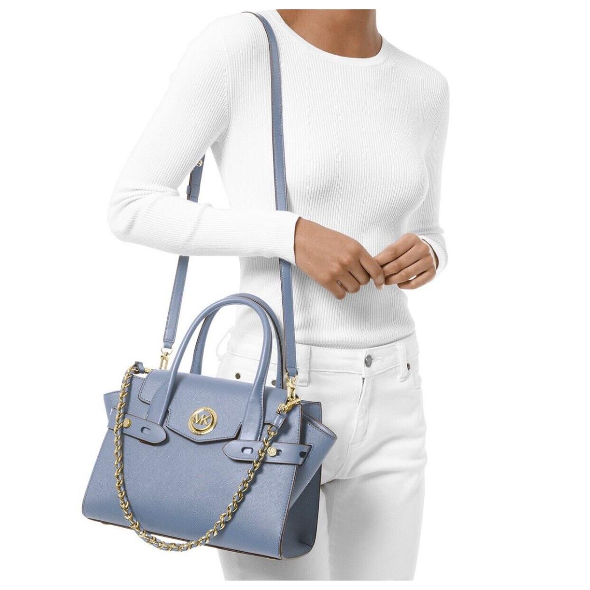 Michael Kors Carmen Flap Belted Pale Blue Leather Satchel Size Medium Gold