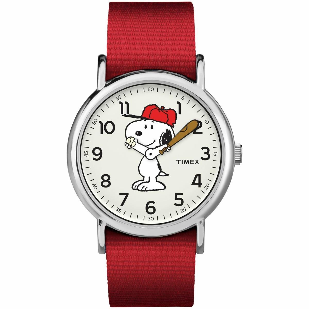 Timex TW2R41400 Peanuts-snoopy Weekender Red Slip Thru Fabric Watch - Dial: White, Band: Red, Bezel: Silver