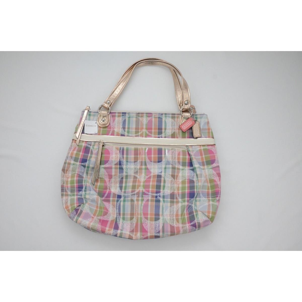 Coach Madras Signature Sequin Shoulder Tote Bag Pastel Plaid 19611