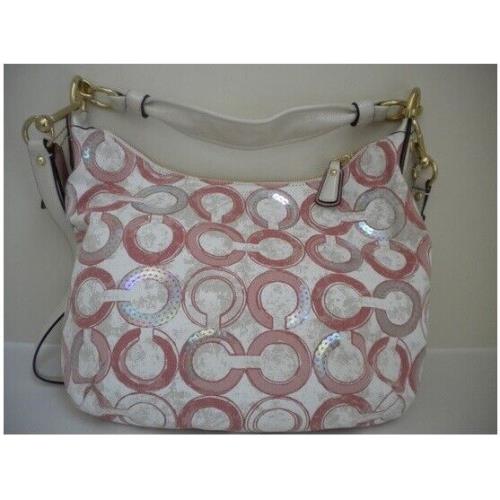 Coach 16791 Kristin Op Art Shoulder Bag Pink Cream Sequin Convertible Strap