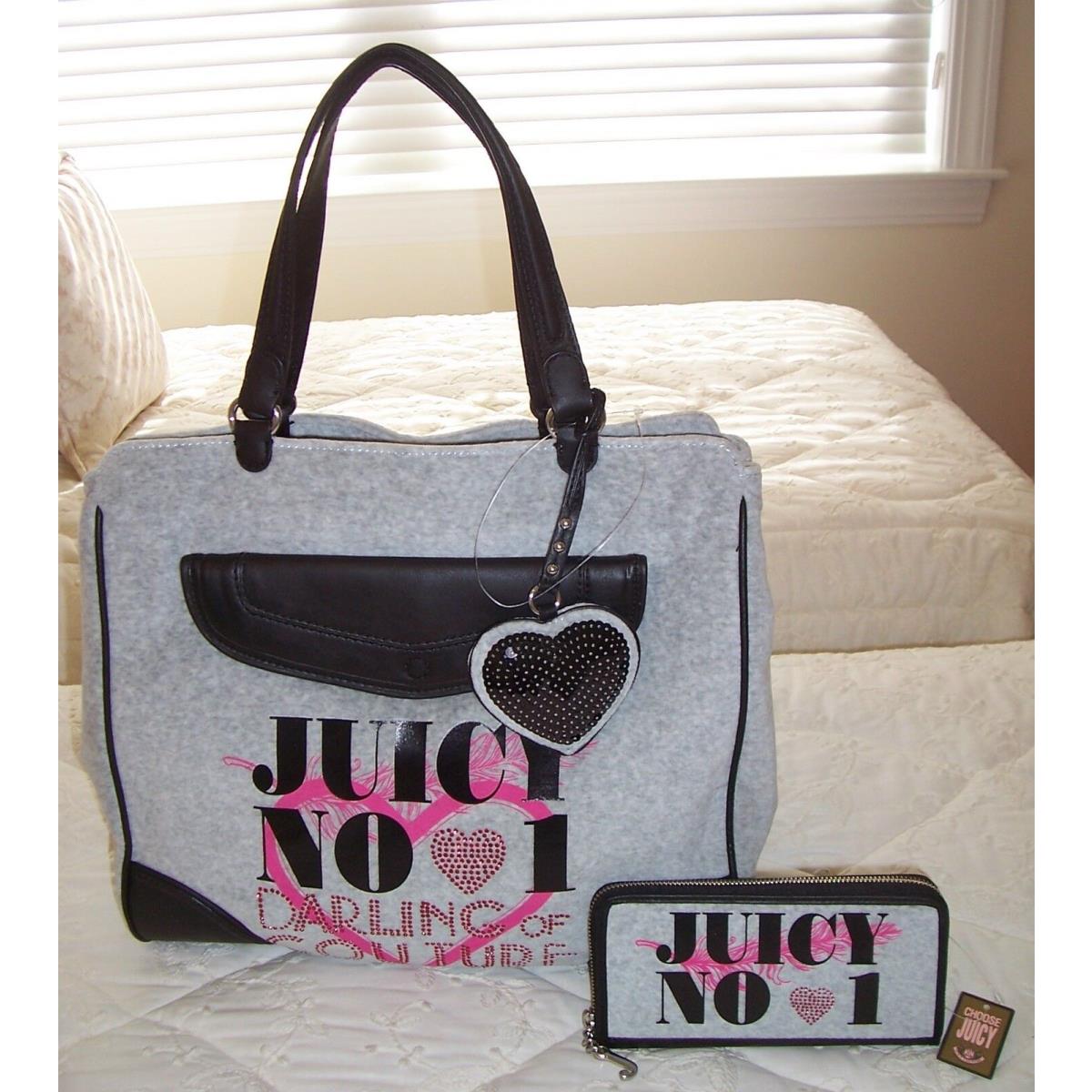 Juicy Couture Love Plumes Velour Tote Bag Wallet Set Heather Cozy Gray