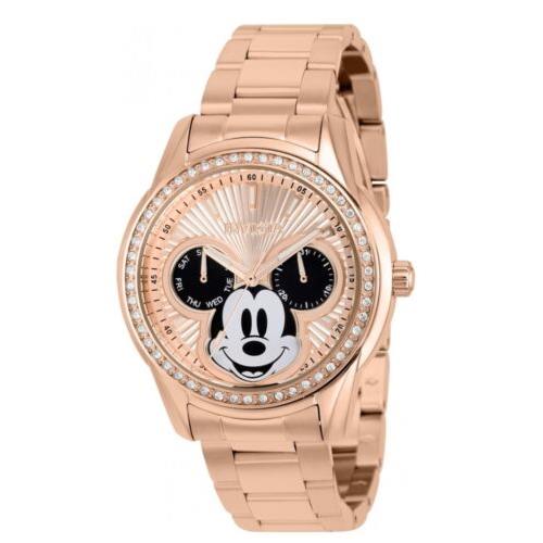 Invicta Disney Women`s 38mm Mickey Mouse Limited Edition Crystals Watch 37825 - Black Dial, Pink Band, Pink Bezel