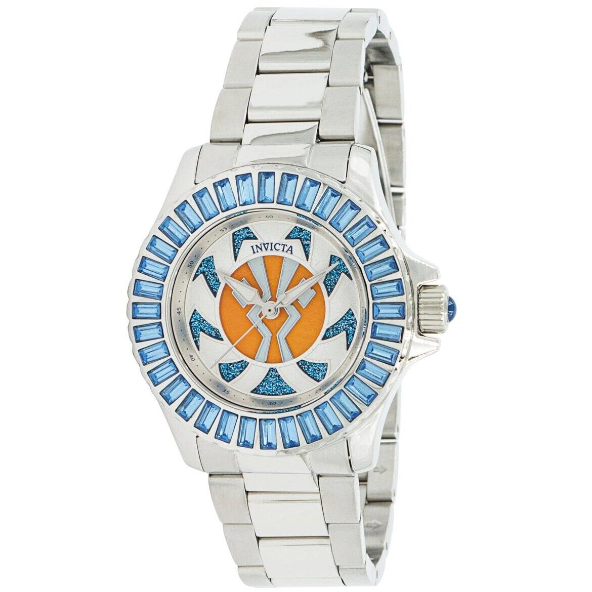 Invicta Star Wars Ahsoka Women`s 36mm Limited Edition Blue Crystal Watch 37346 - Dial: Blue, Multicolor, Orange, White, Band: Silver, Bezel: Blue, Silver