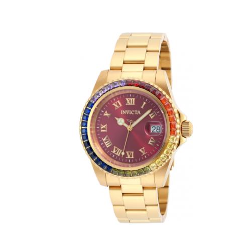 Invicta Angel Burgundy Dial Gold-plated Women`s Analog Round Watch 20023 - Dial: Purple, Band: Gold