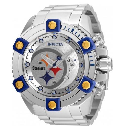 Invicta Nfl Pittsburgh Steelers Men`s 56mm Large Limited Chronograph Watch 35513 - Gray Dial, Silver Band, Blue Bezel