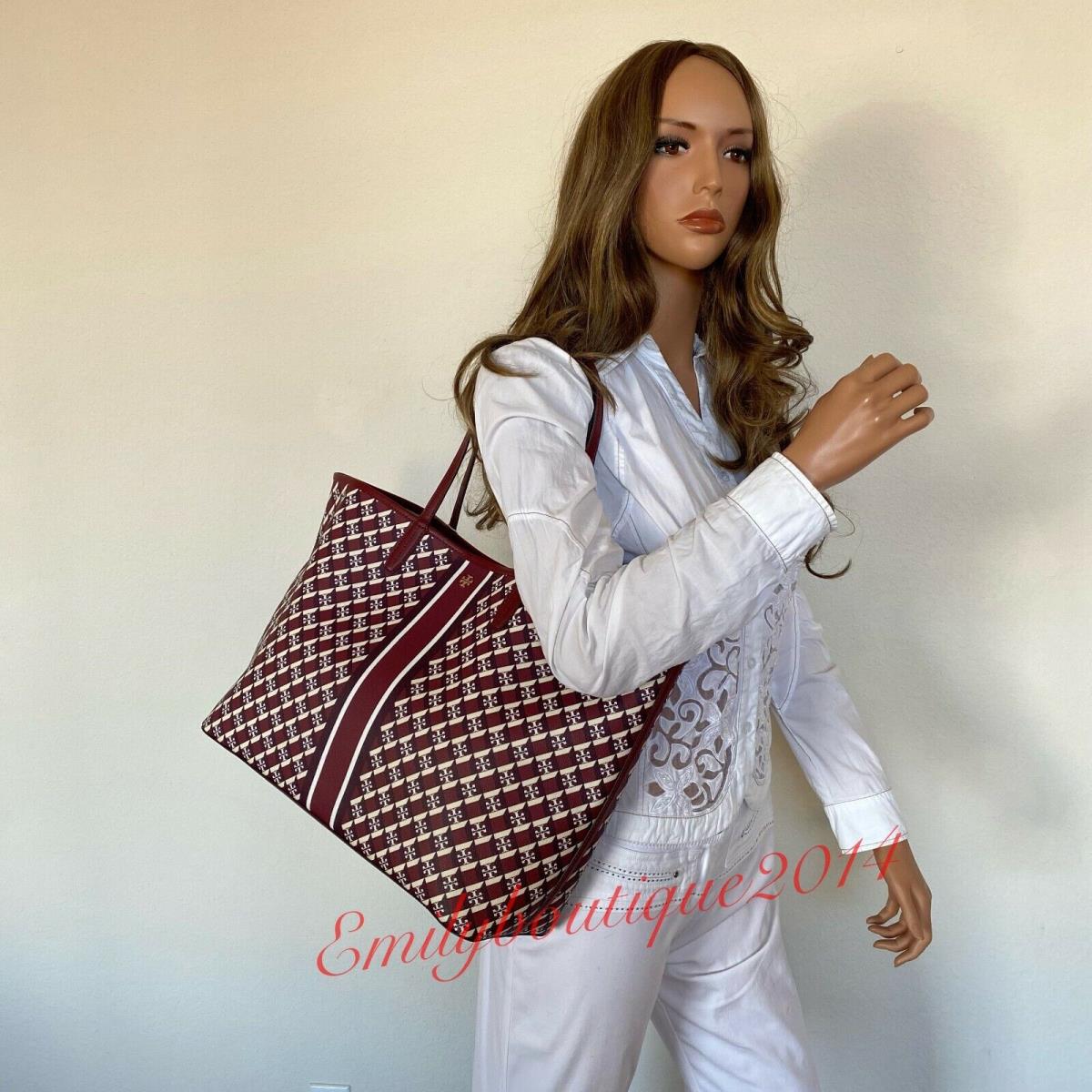 Tory Burch 89762 Geo Logo with Stripe Tote IN Crimson Red Canvas Leather Bag  - Tory Burch bag - 038468532207 | Fash Brands