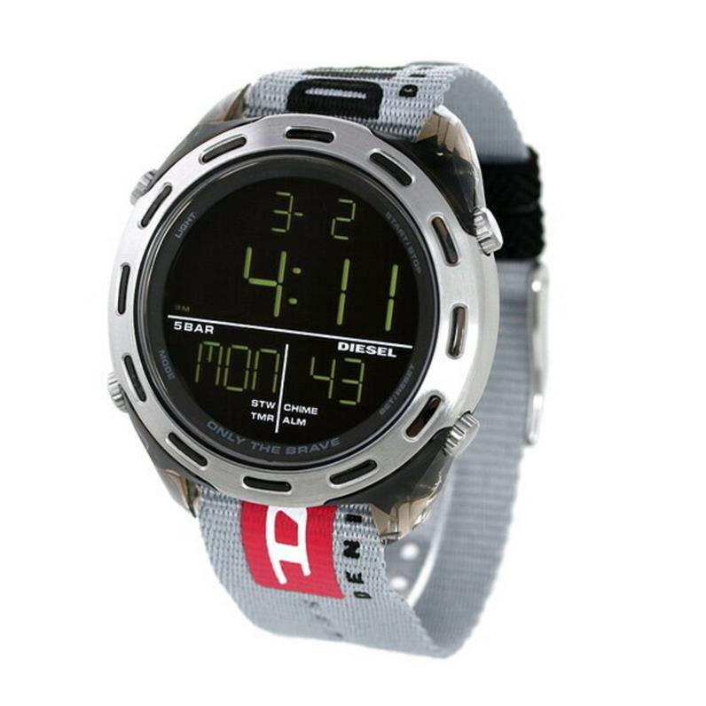 Diesel Men`s Crusher Alarm Dual Time Timer Digital Gray Band Watch DZ1894