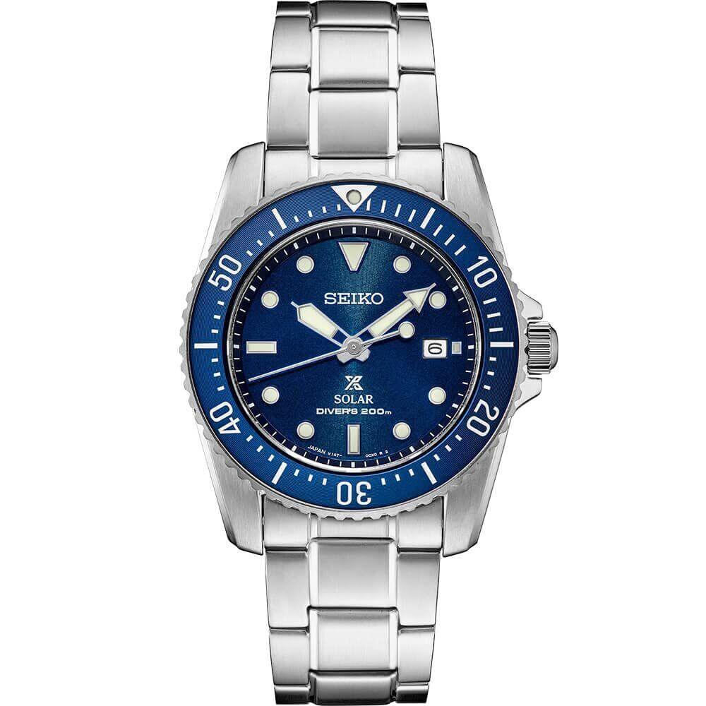 Seiko SNE585 Solar Dive Watch For Men - Prospex Collection - Lumibrite Hands - Blue - SNE585, Dial: Blue, Band: Silver