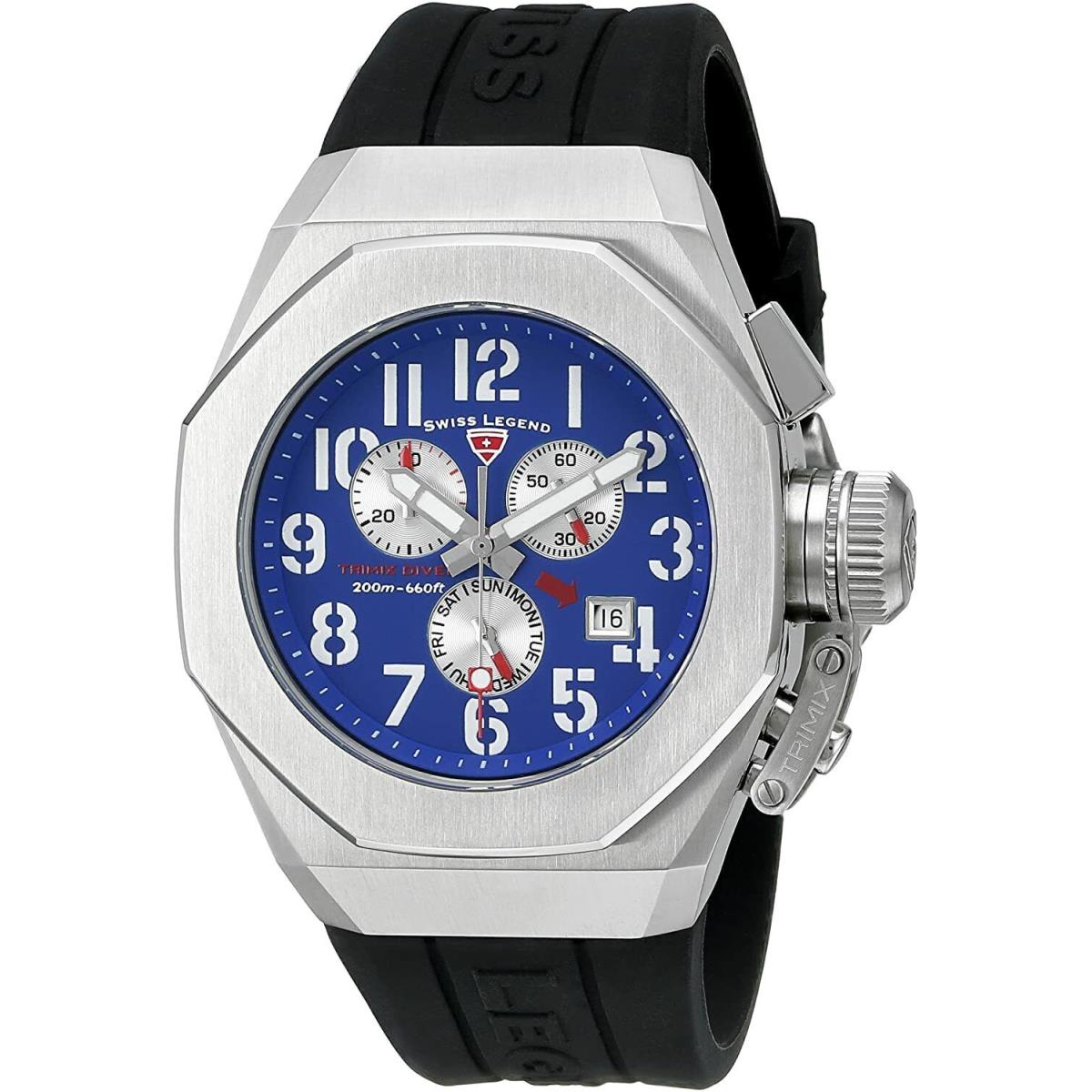 Swiss Legend 10542-03 Trimix Diver Chronograph Watch Silver Blue Quartz Men`s - Blue Dial, Black Band, Silver Bezel