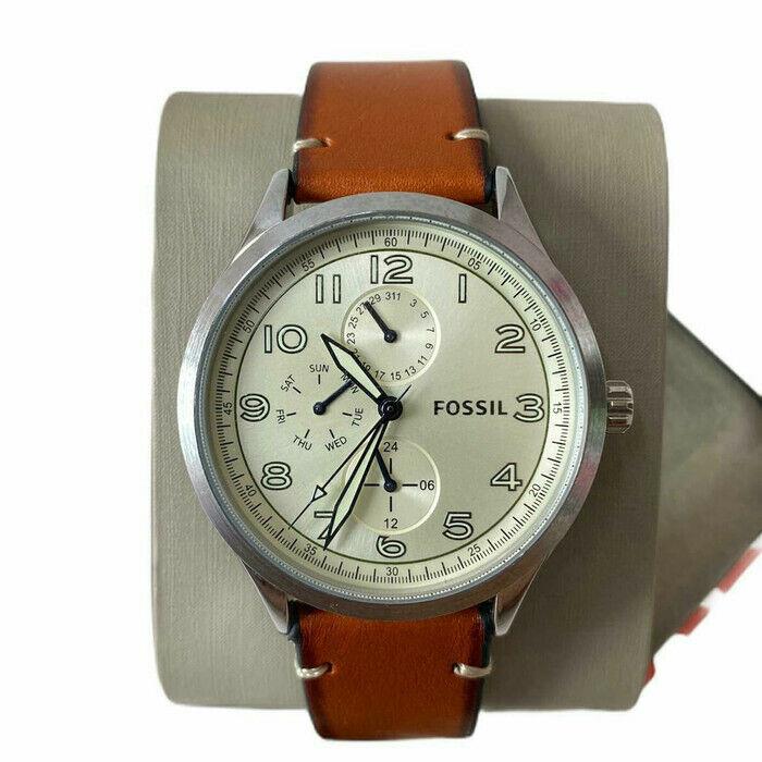 Fossil BQ2482 Wylie 3 Hands Chronograph Dial Brown Leather Band Men Watch - White Face, Silver Dial, Brown Band