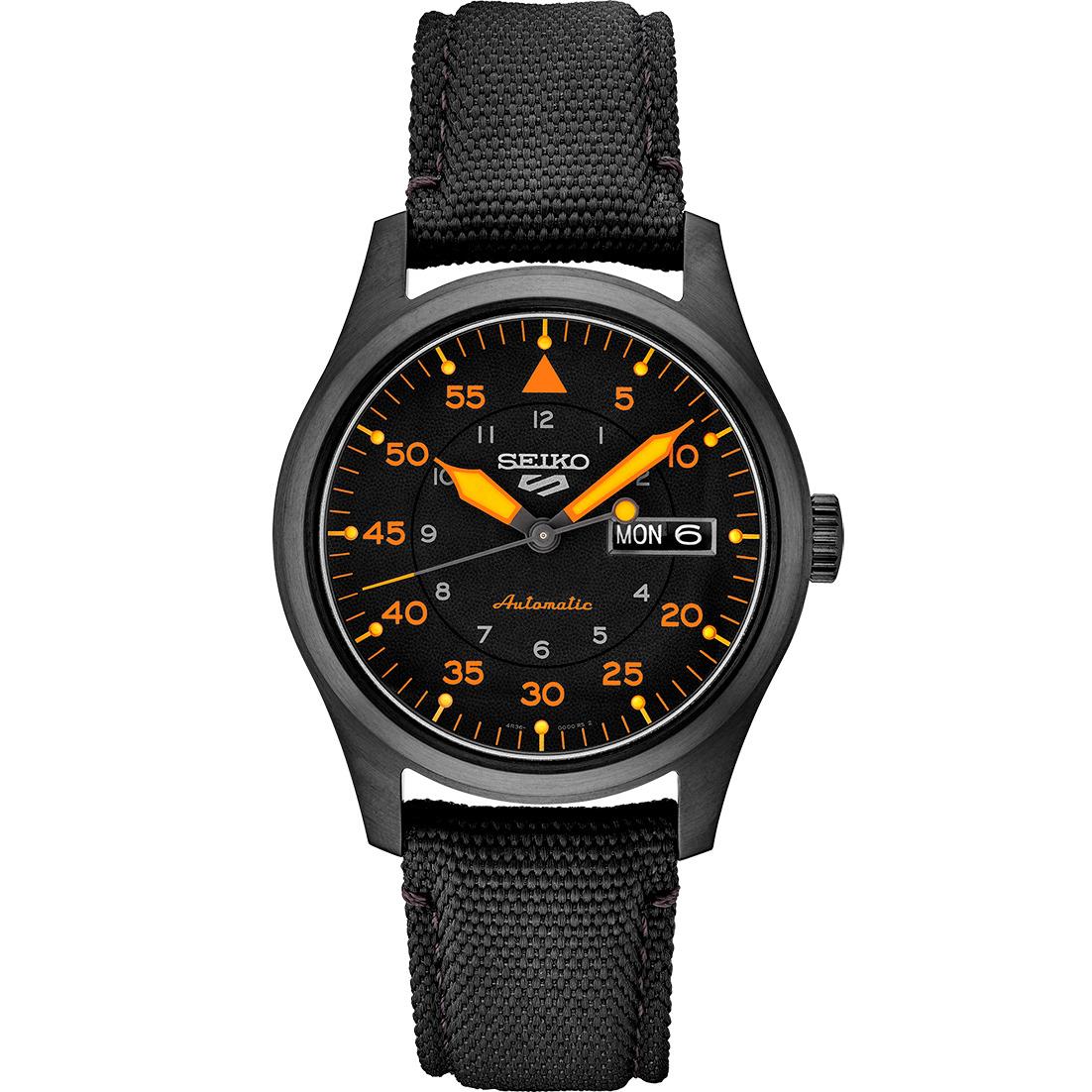 Seiko 5 Sports Men`s Black Watch - SRPH33 Military/field Black Dial Orange