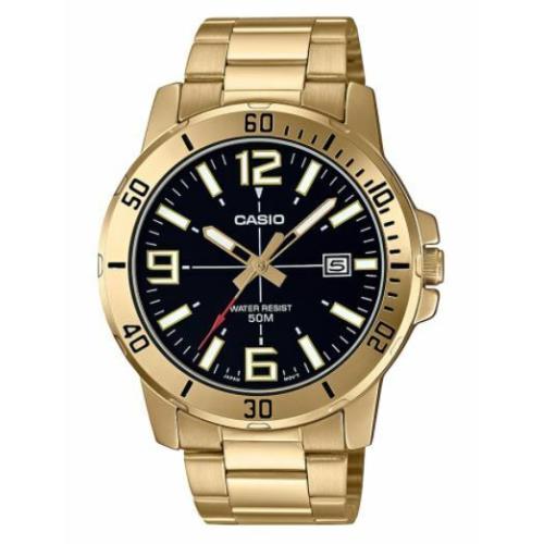 Casio Men`s Quartz Diver Date Indicator Gold-tone 49mm Watch MTPVD01G-1BV - Dial: Black, Band: Gold, Bezel: Gold
