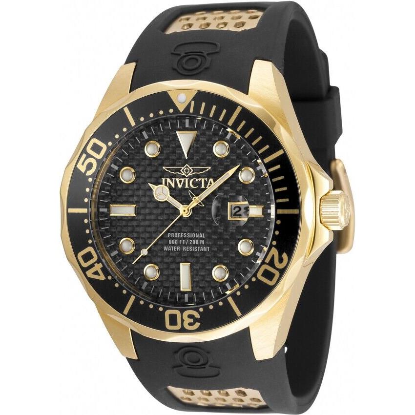 Invicta 47mm Pro Diver Carbon Fiber Black Dial Gold Tone SS Case Poly Watch