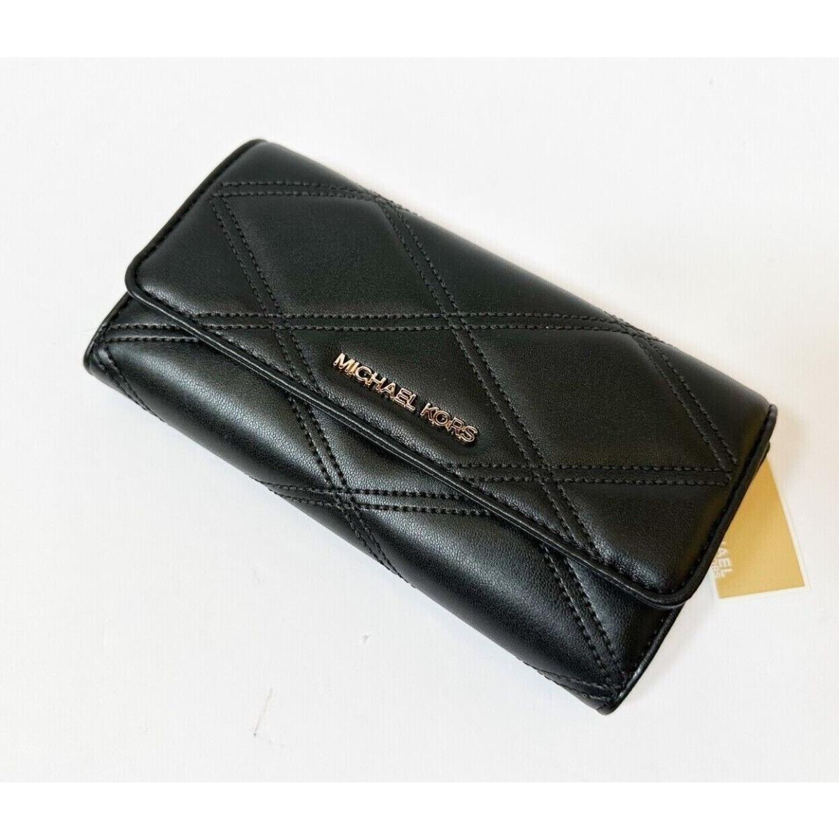 Michael Kors Jet Set Travel Large Trifold Wallet Pvc Leather Quilted Black