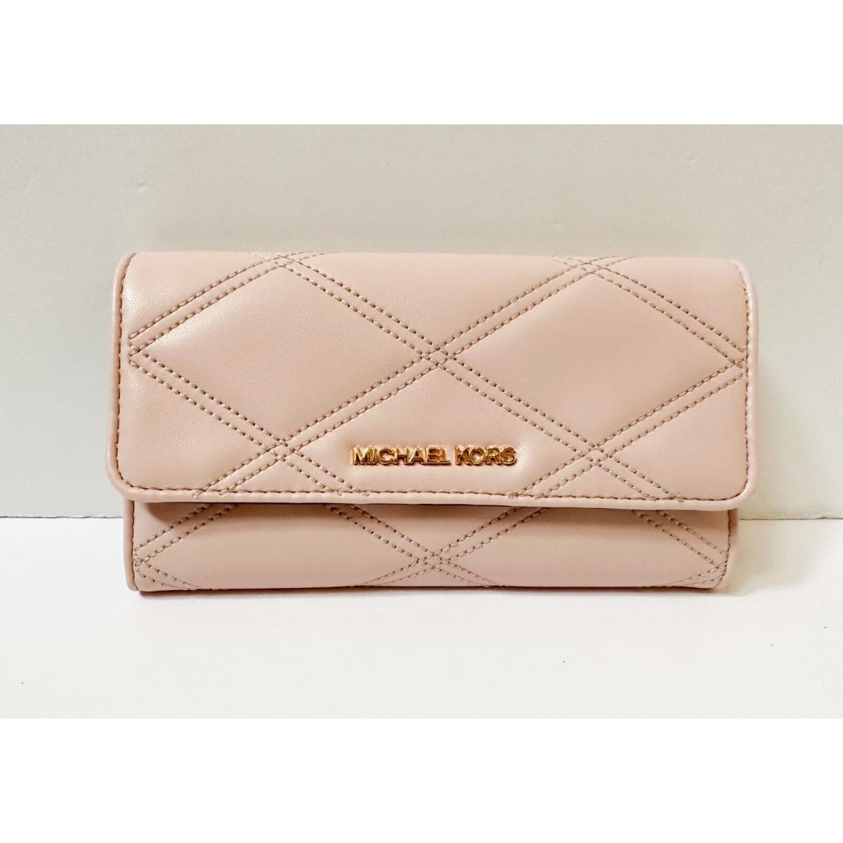 Michael Kors Jet Set Travel Large Trifold Wallet Pvc Leather Quilted Pink