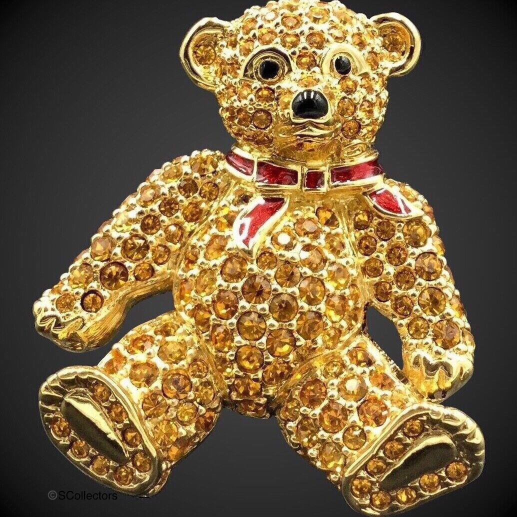 Swarovski Crystal Teddy Bear Brooch Gold Toned Jewelry Enamel P