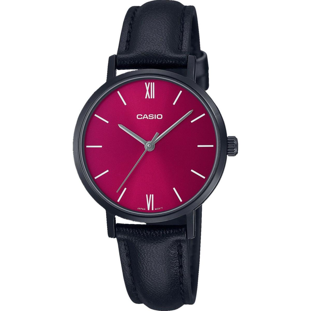 Casio LTP-VT02BL-4A Women`s Minimalistic Black IP Red Dial Leather Band Watch