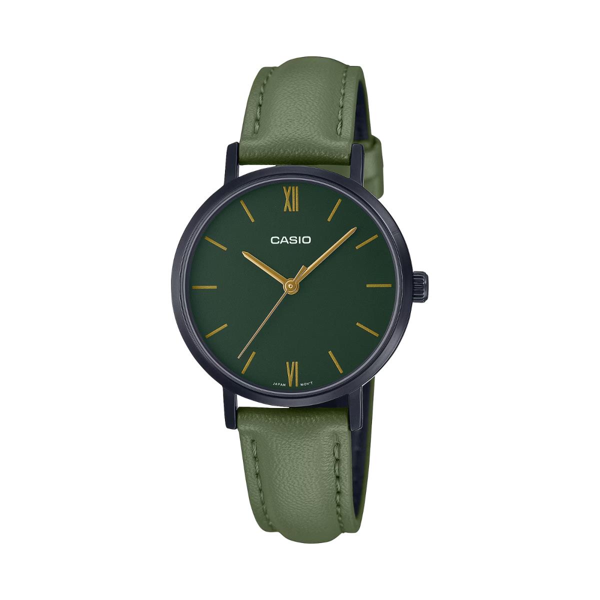 Casio Minimalistic LTP-VT02BL-3A Women`s Quartz Watch Green Leather Strap