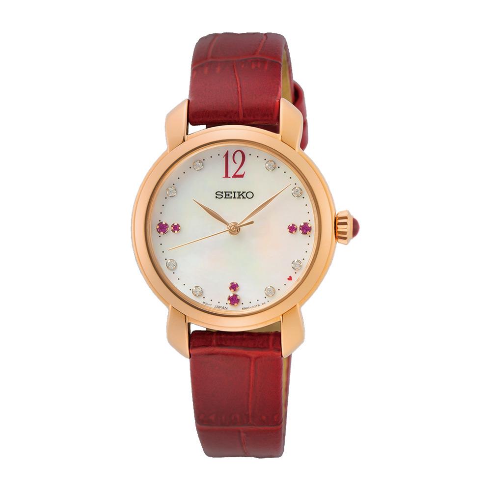 Seiko SUR502 Ladies Essential Crystals Mother of Pearl Dial Red Leather Watch