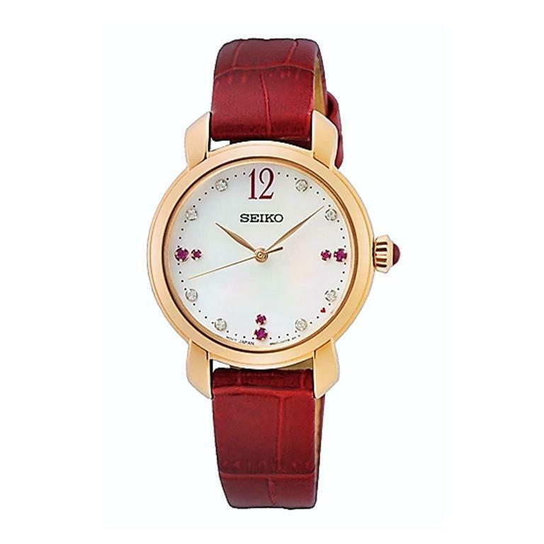 Seiko Women`s Mother of Pearl Crystal Dial Red Leather Watch SUR502