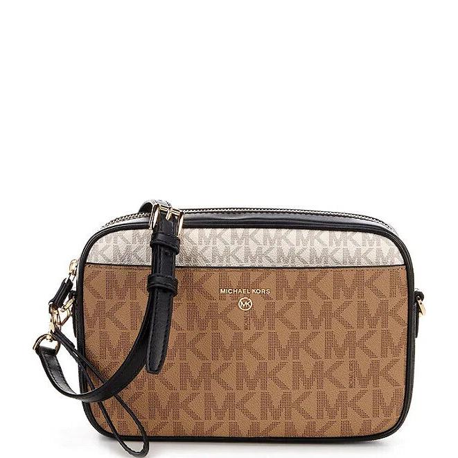 Michael Kors Jet Set Charm Pocket Large EW MK Signature Pvc Clutch Crossbody Bag Brown multi/Gold