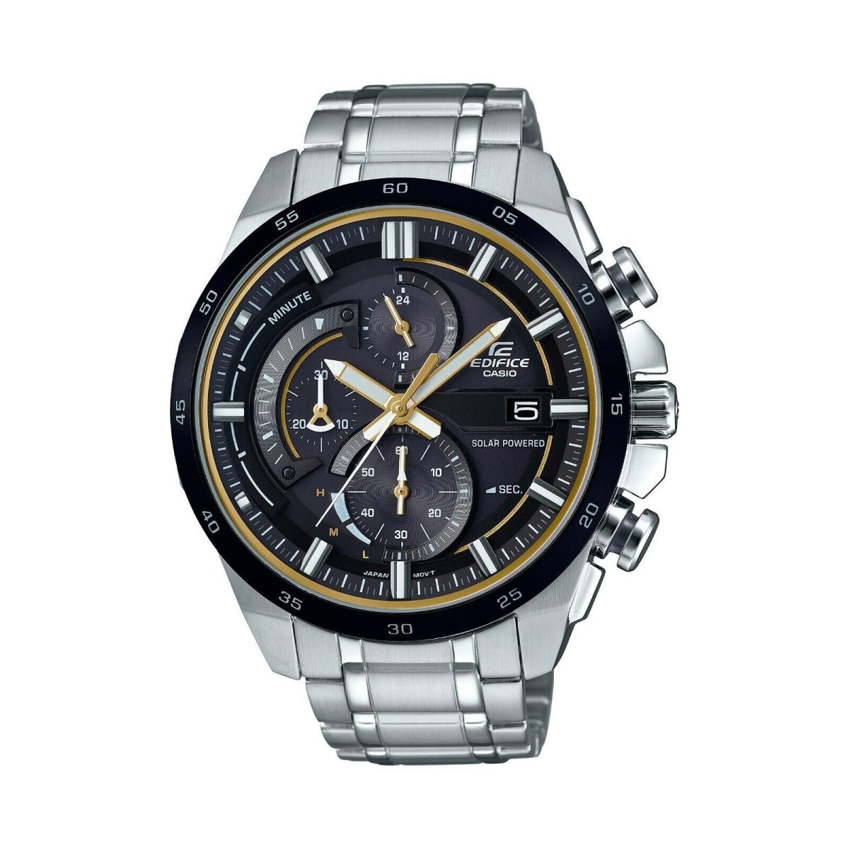 Casio Edifice Men`s Tough Solar Chronograph Date Display 53mm Watch EQS600DB-1A9 - Black Dial, Silver Band, Black Bezel