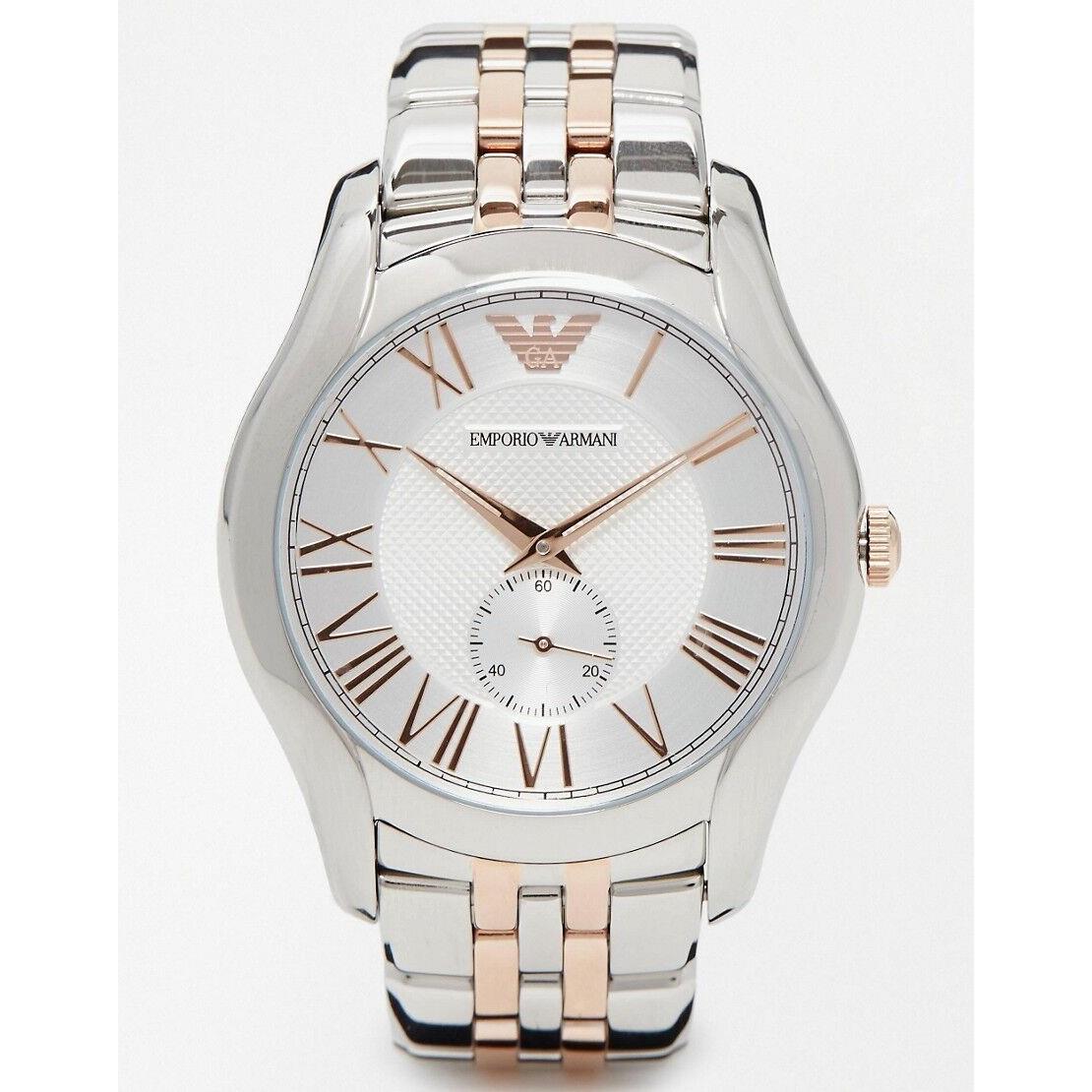 Emporio Armani Two 2 Tone Silver+rose Gold Roman `S Bracelet WATCH-AR1824