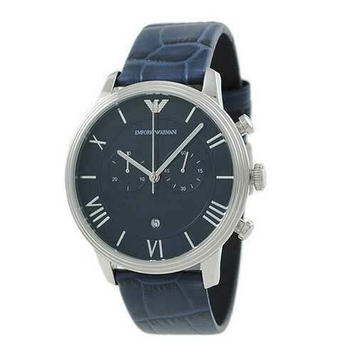 Emporio Armani AR1652 Dark Blue Dial Leather Strap Chronograph Men`s Watch