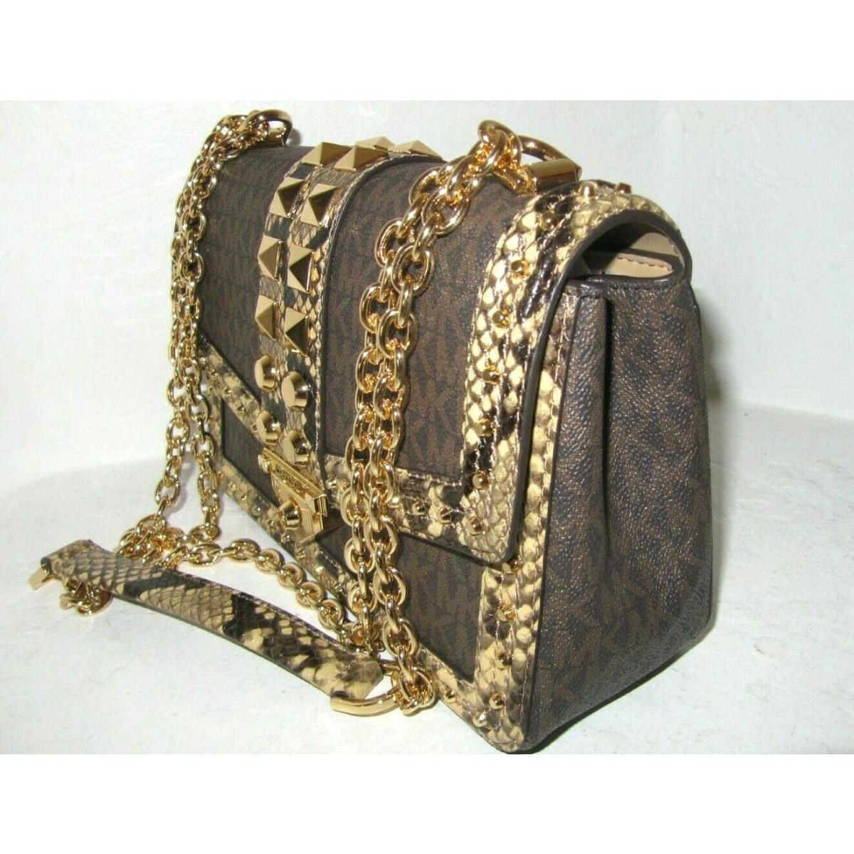 soho large studded snake embossed leather and logo shoulder bag