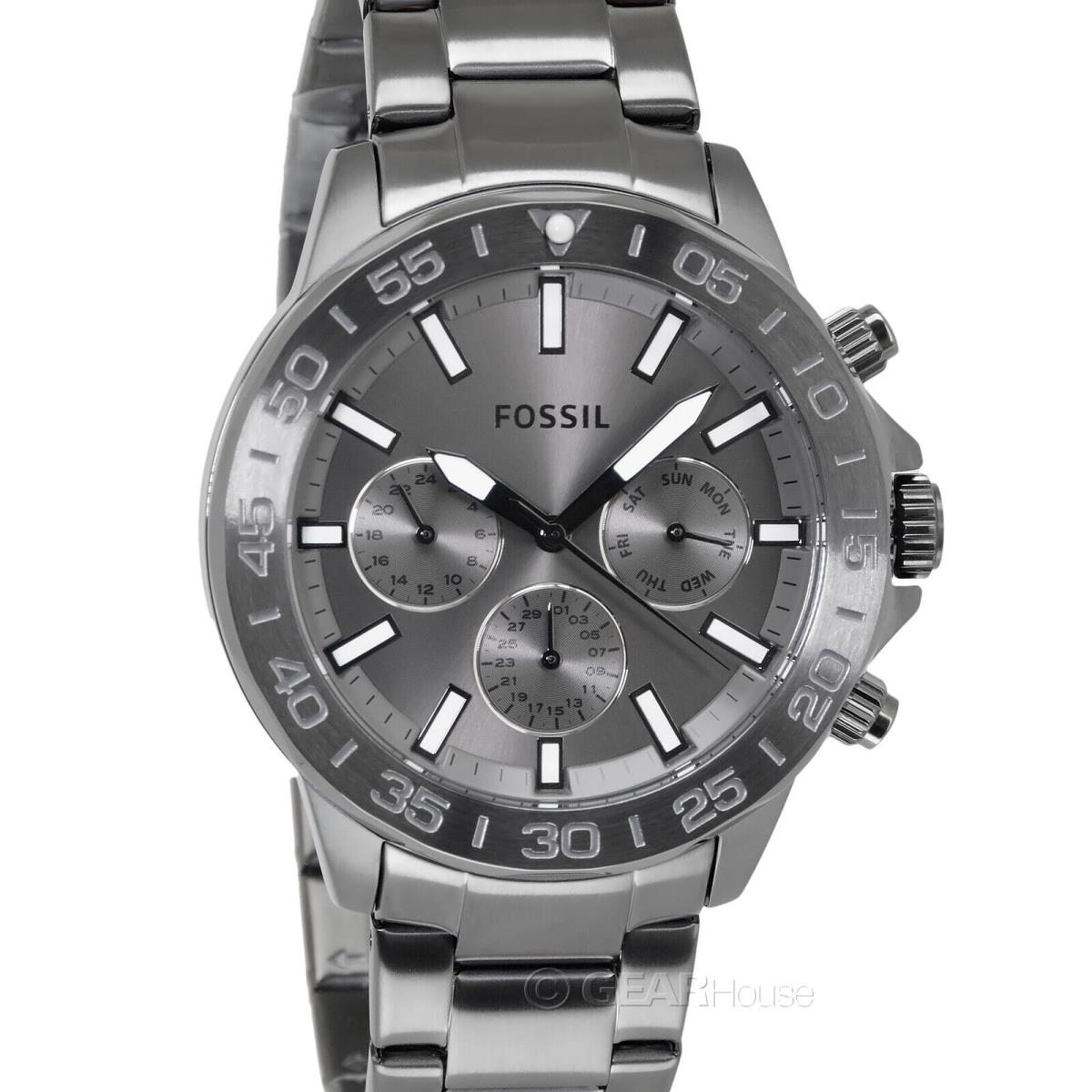 Fossil Bannon Mens Multifunction Watch Gray Dial Day Date Stainless Steel Band