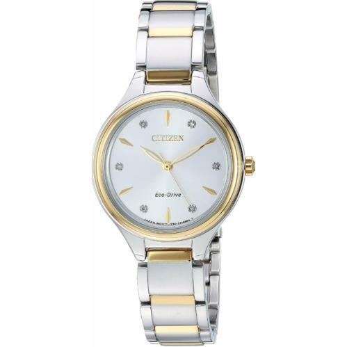 Citizen Eco-drive Women`s Corso Diamond Accents Two-tone 29mm Watch FE2104-50A - Silver Dial, Silver Band, Gold Bezel