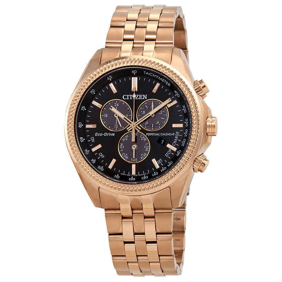 Citizen Brycen Perpetual Chronograph Eco-drive Black Dial Men`s Watch BL5563-58E - Dial: Black, Band: Gold, Pink, Bezel: Pink, Rose Gold