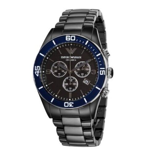 New-emporio Armani Black Ceramic Blue Bezel Chronograph Bracelet Watch AR1429