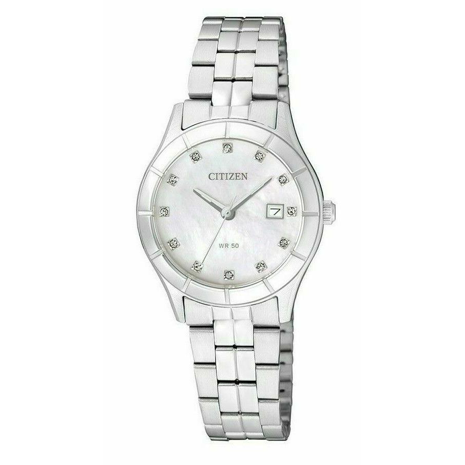 Citizen EU6040-52D Silver Tone White Mop Date Dial Women`s Crystal Dress Watch