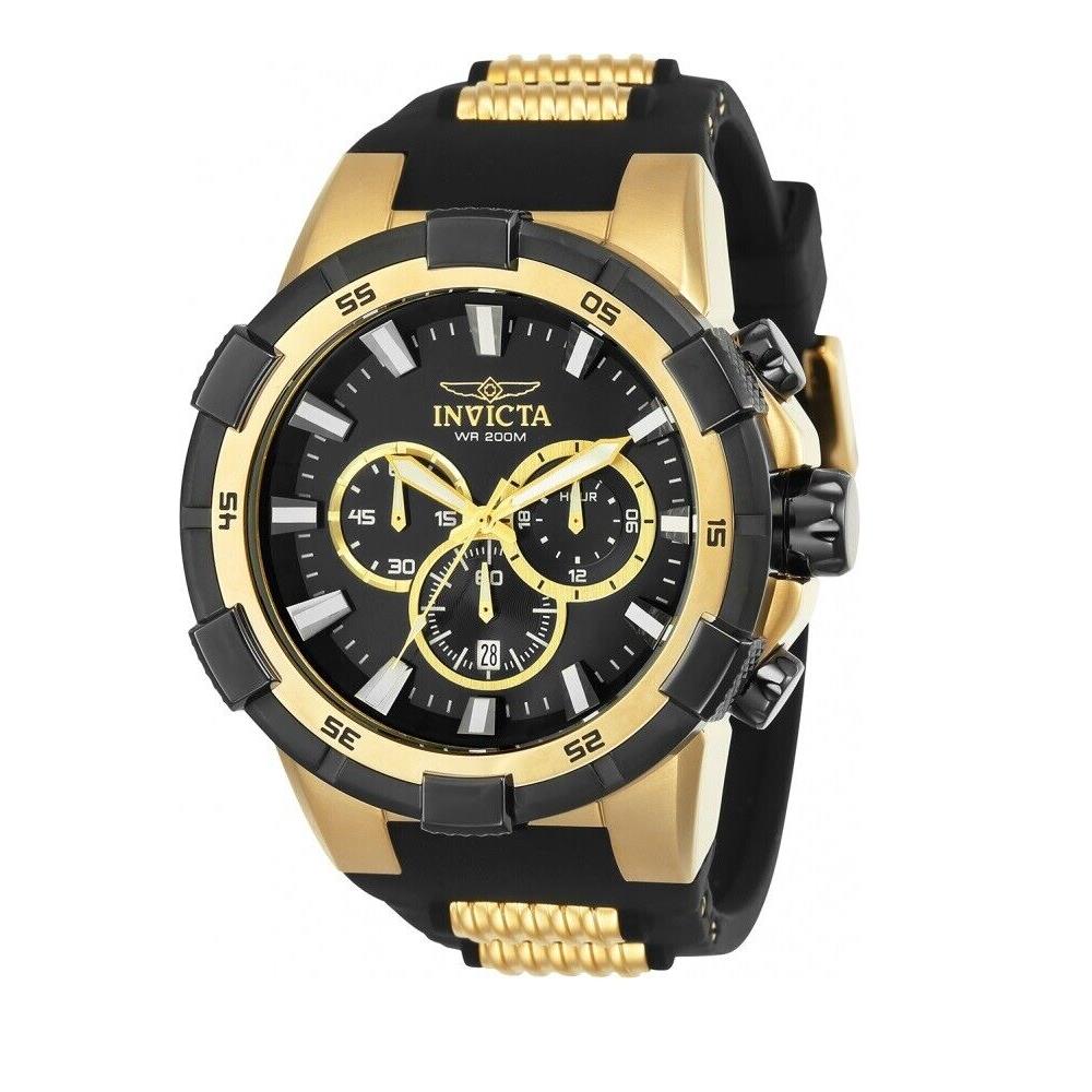 Invicta 25135 Aviator Gold Black Dial Silicone Band Chrono Quartz 48MM