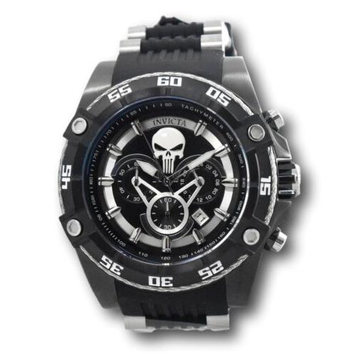 Invicta Marvel Punisher Men`s 52mm Black Limited Edition Chrono Watch 35365 Rare - Dial: Black, Band: Black, Bezel: Black