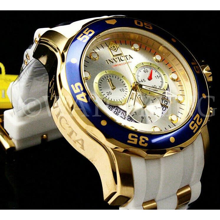 Invicta Men Pro Diver Scuba Silver Sunray Dial 18K Gold Plated Chrono Watch - Dial: Silver Sunray, Band: White, Bezel: Blue