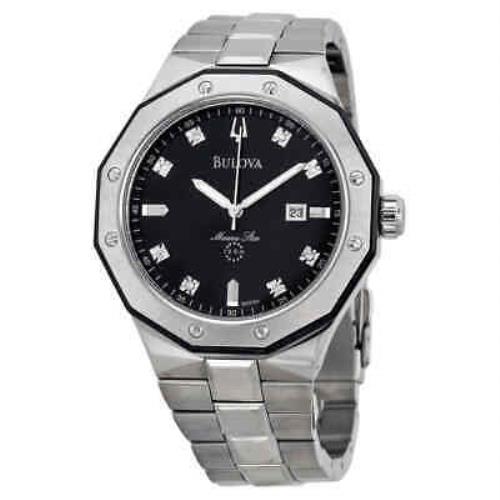 Bulova Men`s Marine Star Diamond Accented Stainless Steel Bracelet Watch 98D103 - Dial: Black, Band: Silver, Bezel: Silver-tone