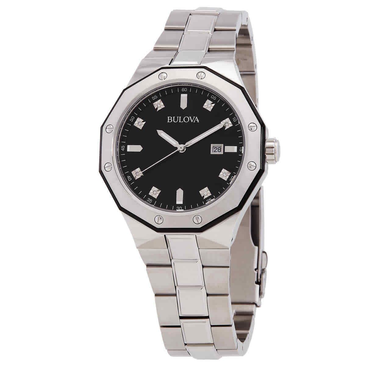 Bulova Men`s Marine Star Diamond Accented Stainless Steel Bracelet Watch 98D103 - Dial: Black, Band: Silver, Bezel: Silver-tone