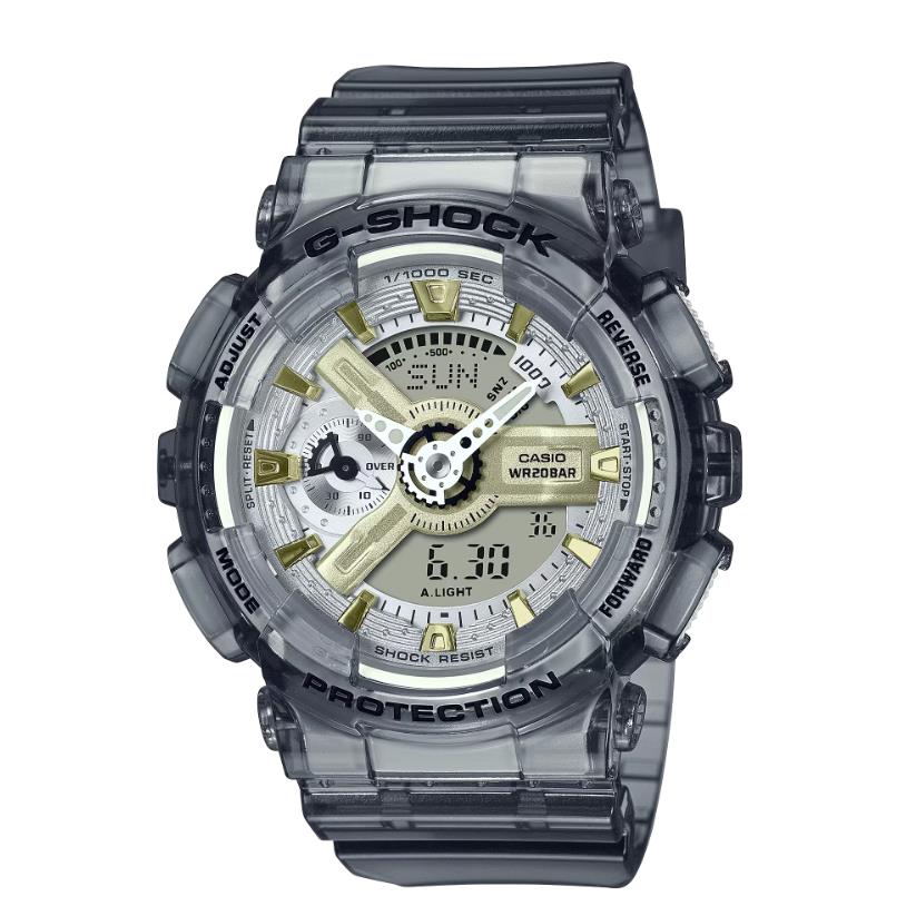 Casio G-shock Limited Edition Ana-digi Semi-transparent Gray Watch GMAS110GS-8A - Dial: White/ Matte Gold, Band: Semi-Transparent Gray, Bezel: Semi-Transparent Gray
