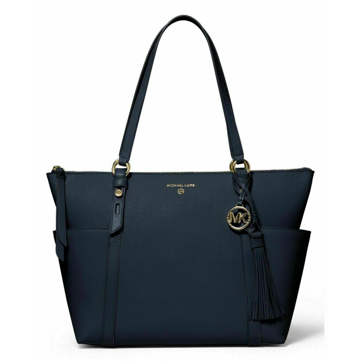 Michael Kors Nomad Large Leather Top Zip Tote Shoulder Bag Navy Blue