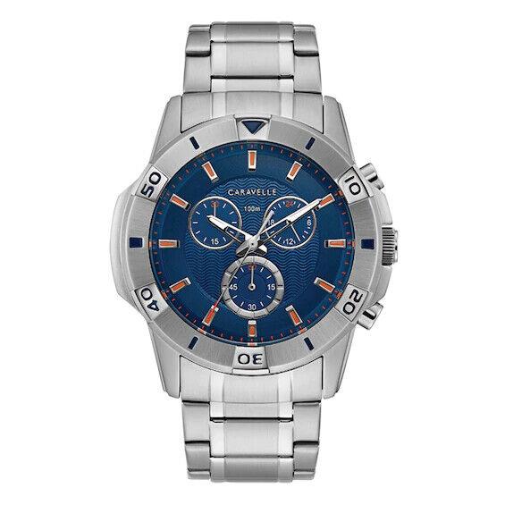 Caravelle By Bulova Sport Chrono Blue Dial Men`s Stainless Steel Watch 43B171 - Blue Dial, Silver Band, Silver Bezel