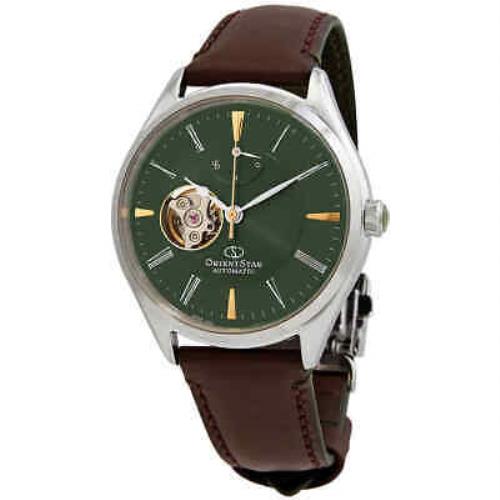 Orient Star Automatic Green Dial Men`s Watch RE-AT0202E00B - Dial: Green (Open Heart), Band: Brown, Bezel: Silver-tone