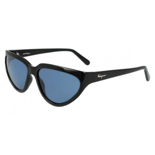 Salvatore Ferragamo Black Oval 60mm Blue Lens Sunglasses SF1017S 001 60