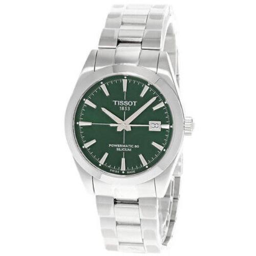 Tissot Gentleman Powermatic 80 Silicium Green Dial Men`s Watch T1274071109101 - Green Dial, Silver Band, Silver Bezel