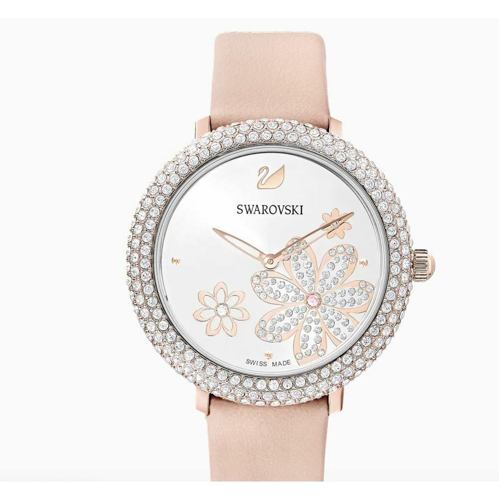 Swarovski Crystal Frost Watch Flower Leather Strap Silver Rose-gold -5519223